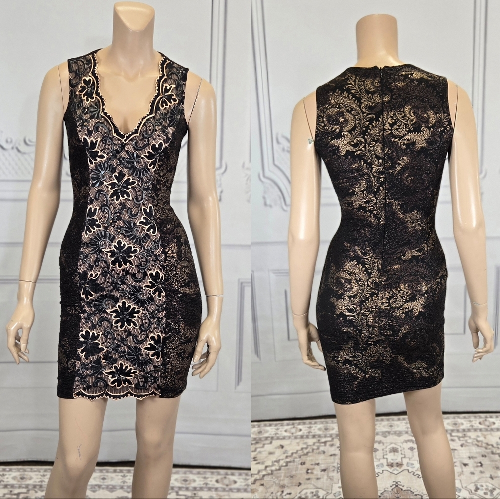 Baccio Couture Kamy Black & Gold Stretch Lace Cocktail Dress sz S